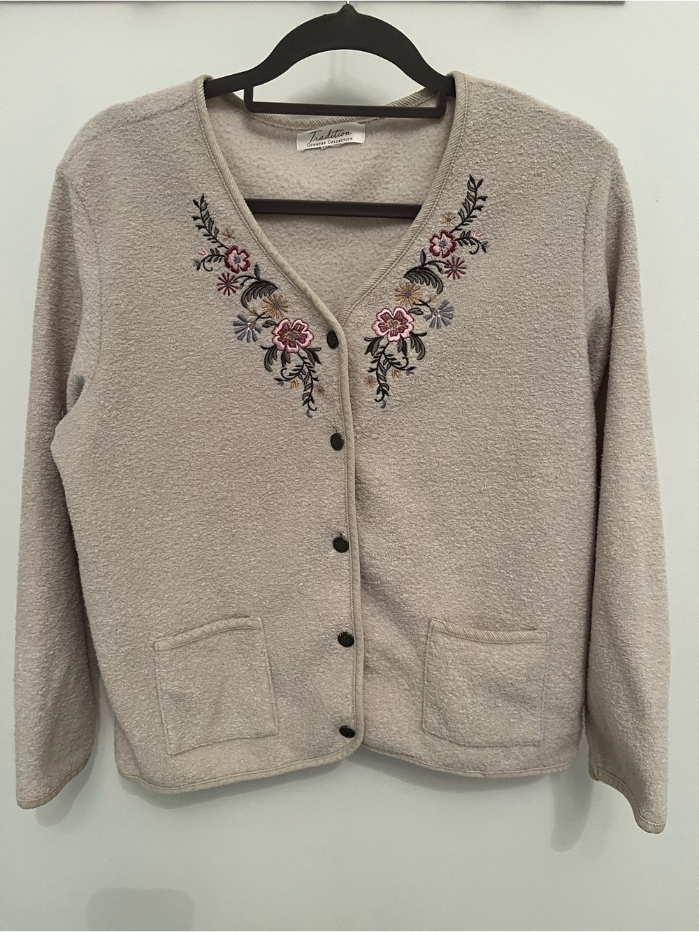 Embroidered V-Neck Cardigan Sweater - Light Taupe medium/large